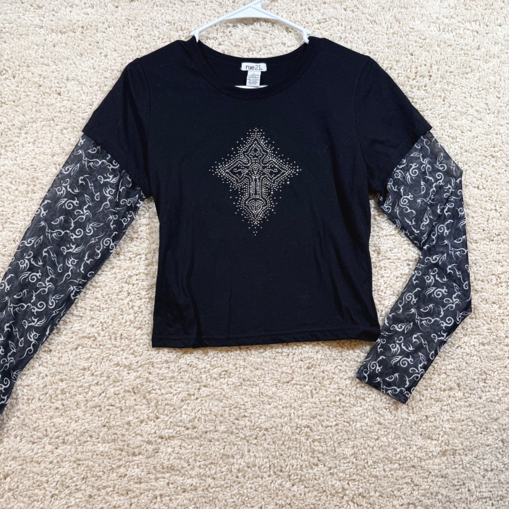 Vintage Y2K Rue21 Black Rhinestone Cross Mesh Sleeve T-Shirt L Goth Grunge Emo